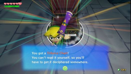 Image of Link smiling while holding up a triforce chart.