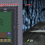 Two screnshots of Link swinging his sword at a keese: one in A Link to the Past, the other in Ocarina of Time.