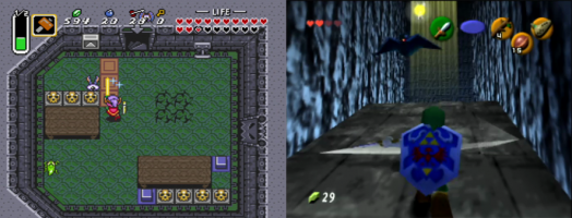 Two screnshots of Link swinging his sword at a keese: one in A Link to the Past, the other in Ocarina of Time.