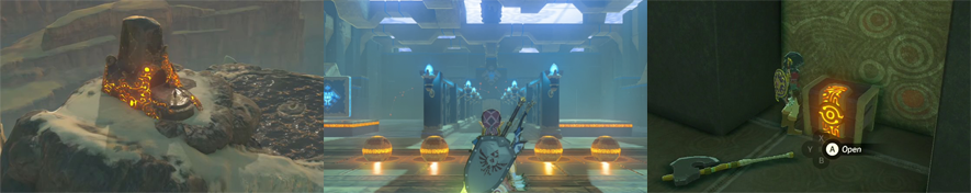 Three Breath of the Wild screenshots. One shows a Shiekah Shrine, one shows a row of Shiekah orbs, and the third shows a Shiekah Chest. All glow orange. 