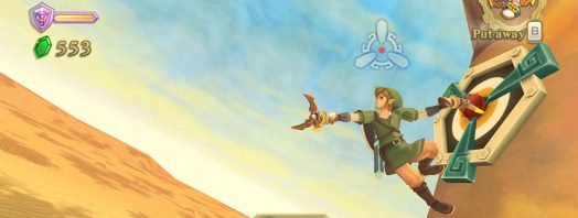Screenshot from Skyward Sword of Link hanging from a clawshot target.