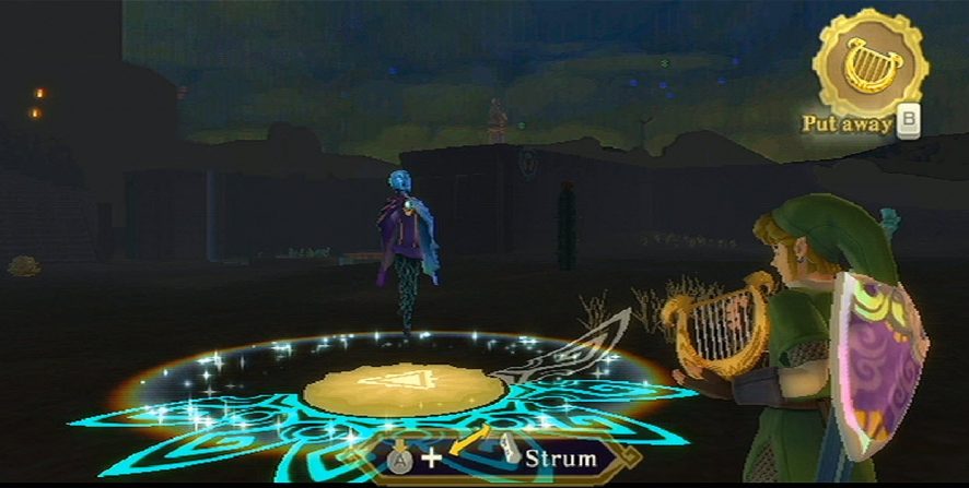 Link plays Goddess Harp with Fi singing to open portal to Silent Realm