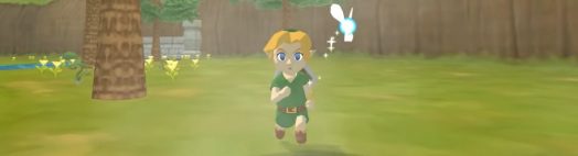 A cel-shaded Ocarina of Time Link running across Hyrule Field.