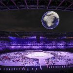 An overview of the empty halls of the Tokyo Olympics 2021 ceremony.