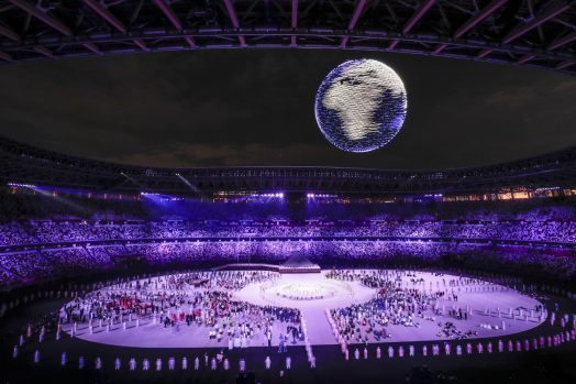 An overview of the empty halls of the Tokyo Olympics 2021 ceremony.