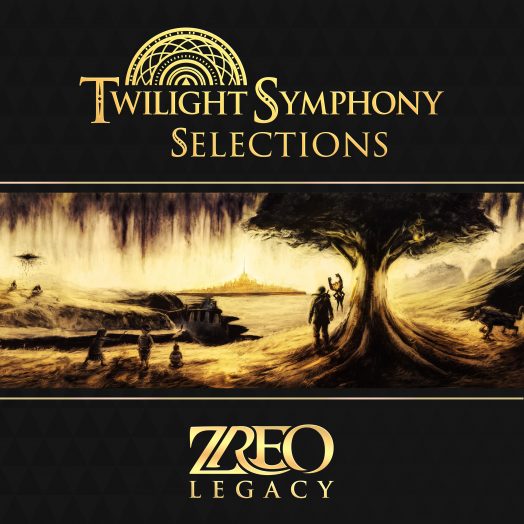Twilight Symphony Selections album cover. A black album cover with gold text and artwork showing Link and Midna standing beside a tree. 