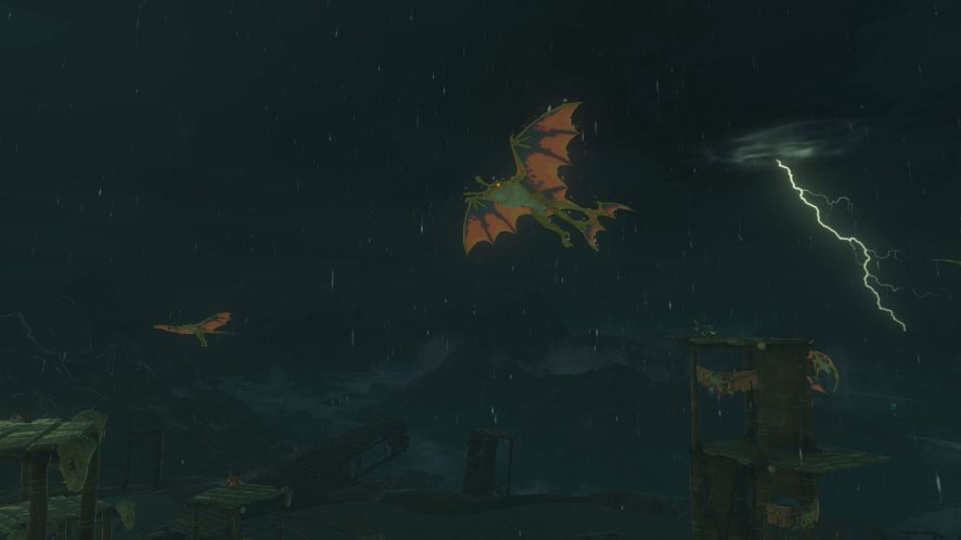 Flying amphibious enemies with electricity flying through a storm