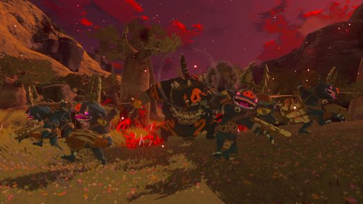 Bokoblin enemies, including a big one, marching during a blood moon
