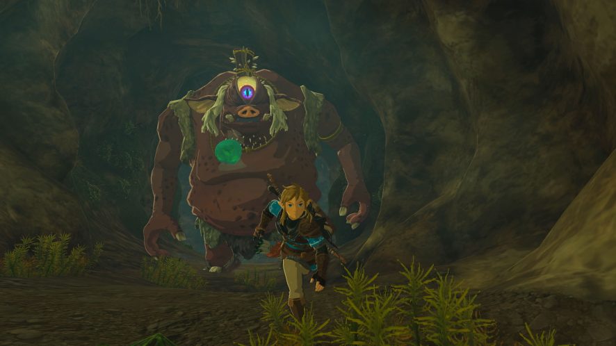 A Hinox chases Link out of a Cave