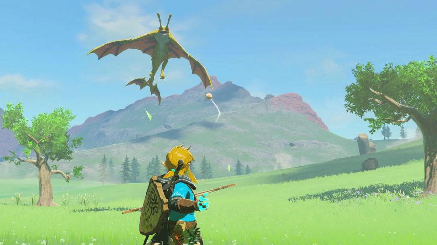 A winged, amphibious monster flies at Link