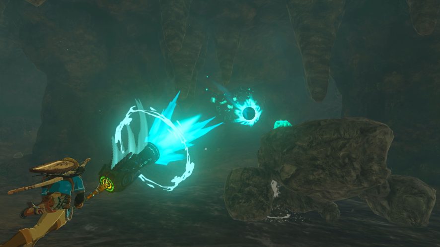 Link fires a cannon at a Talus in a cave