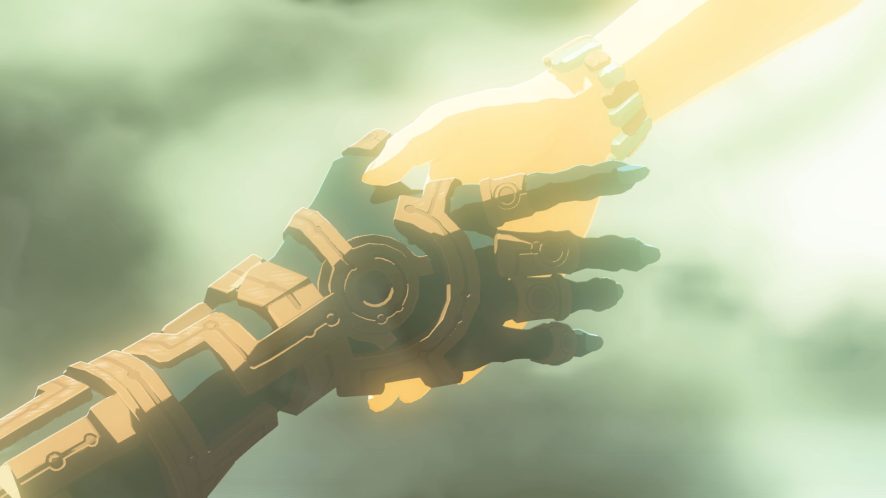 Link's new hand clutching Zelda's hand