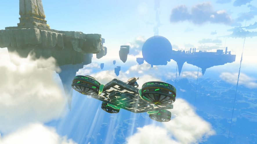 Link riding a hovercraft in the sky