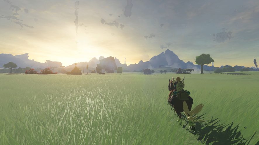 Link riding a horse through a field