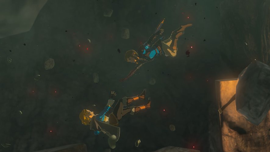 Link jumps after a falling Zelda as bridge collapses