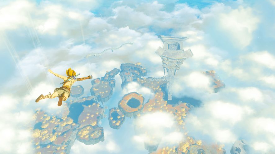 Link skydives over some islands, a tower, and a dragon in the background.