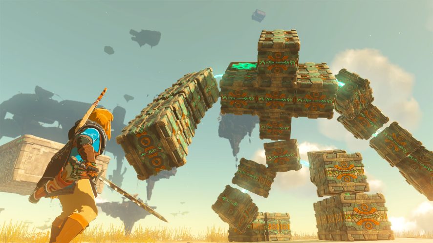Link fights a box golem