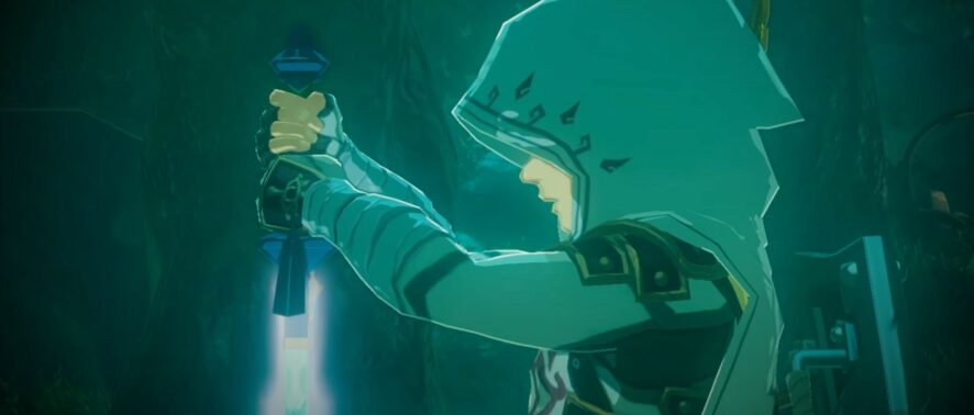Link, dressed in white, pulling the Master Sword out of its pedestal.
