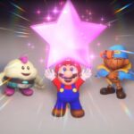 Mario holds a star in front of his team of Peach, Mallow, Geno, and Bowser