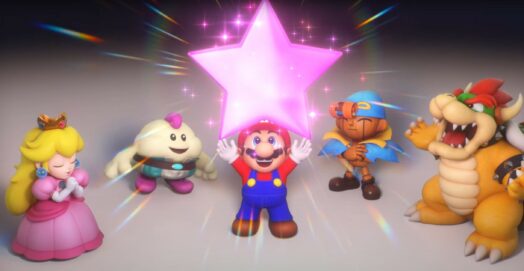 Mario holds a star in front of his team of Peach, Mallow, Geno, and Bowser