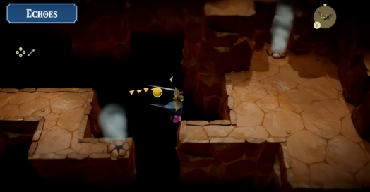 Princess Zelda uses a Keese to cross a gap