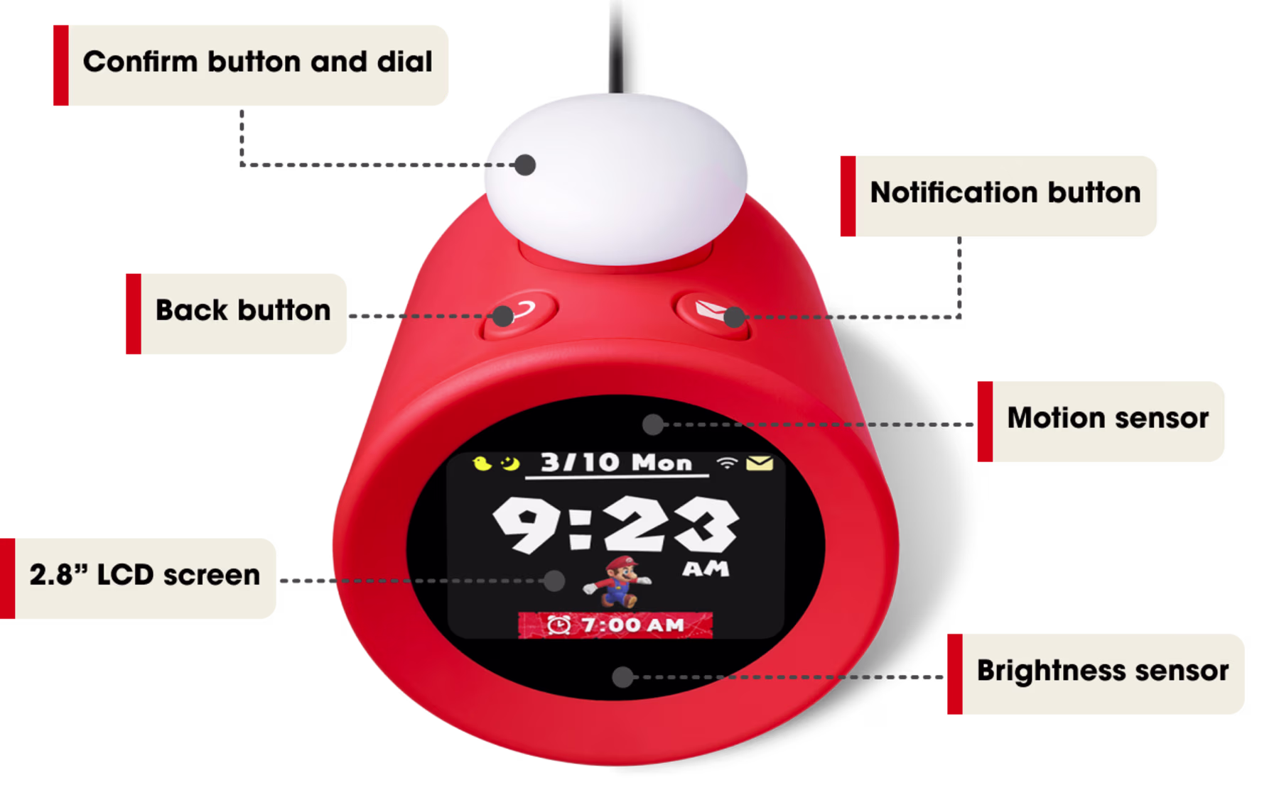 A breakdown of the physical features of the Alarmo clock.