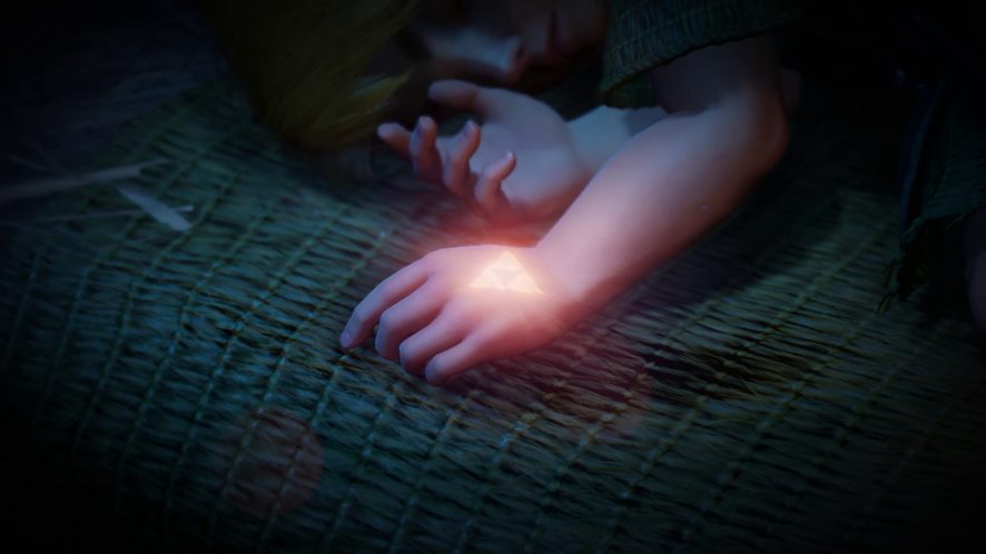 Ocarina of Time remake screenshot. Link is asleep and the crest of the Triforce of Courage glows brightly on his left hand.